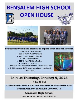 Open House Jan 9 2025 from 6 to 8 pm. Everyone is welcome to attend and explore what BHS has to offer!  World Class STEM Lab/Robotics State of the Art Visual Arts Rooms Dance Studio & Digital Piano Lab Dual College Enrollment DECA & Mock Trial State Finalists Forensics Crime Scene Lab Best Communities for Music Education for 5th consecutive year BHS Marine Corps JROTC recognized as Naval Honor School  … AND MORE!